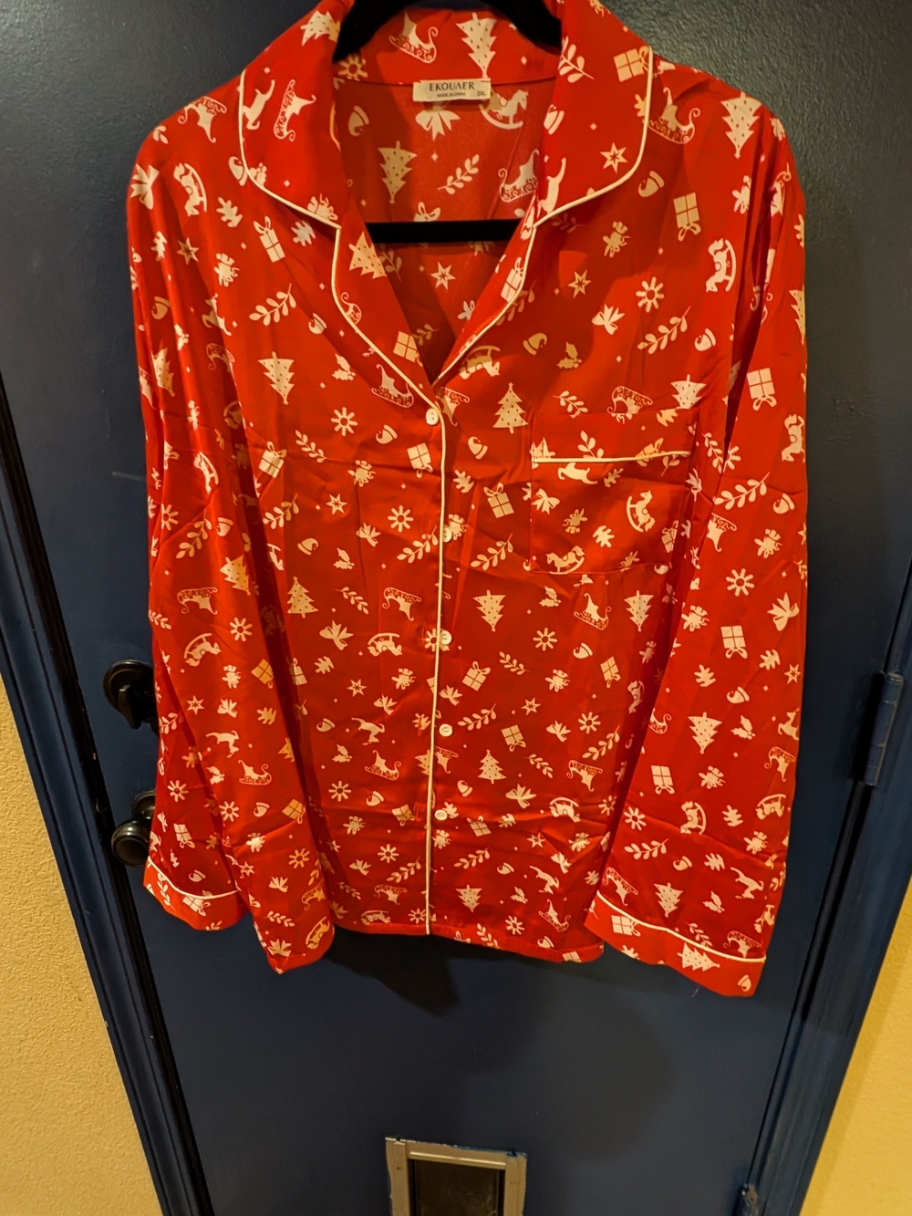 Ekouaer Christmas Pajama Top 2XL Red Holiday Button Down